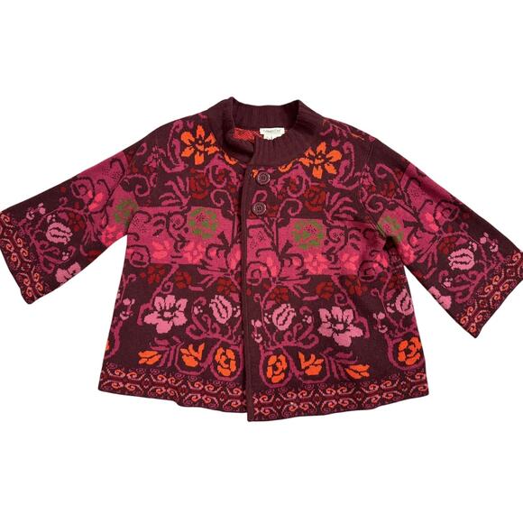 Floral Cardigan Sweater Burgundy Pink Orange 2 Button Front Size XL - Picture 1 of 5
